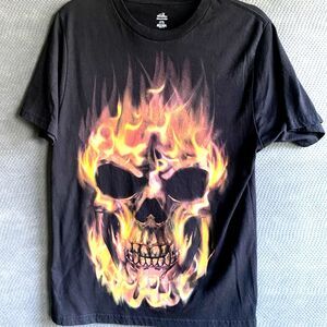 Flaming Skull Biker Tee Shirt Black Short Sleeve Small